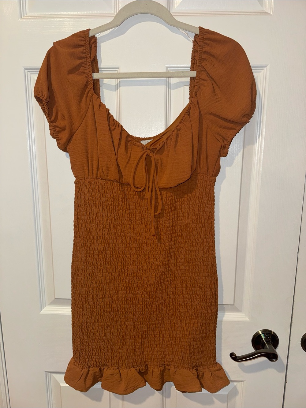 Love Tree Smocked Mini Dress in Rust Brown